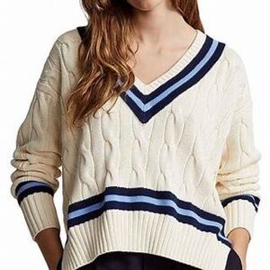 Polo Ralph Lauren Women’s Cropped Cable Knit V-Neck Sweater Cream Navy Blue